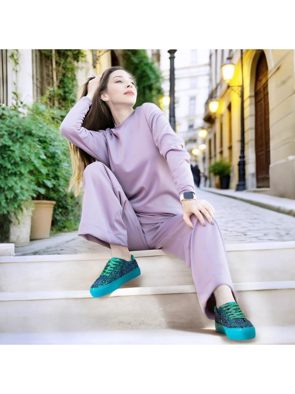 Women's Green Glitter Shiny Sequin Sparkly Bling Thick Sole Walking Sneakers - Picture 3 of 6